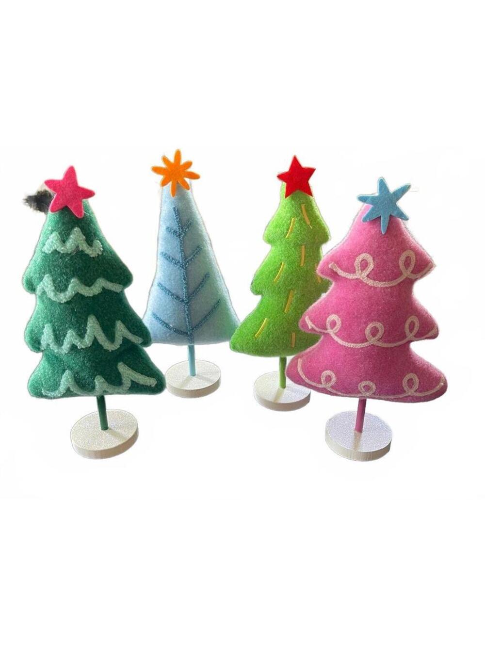 Set of 4 Felt Christmas Tree Decorations with Star Toppers
